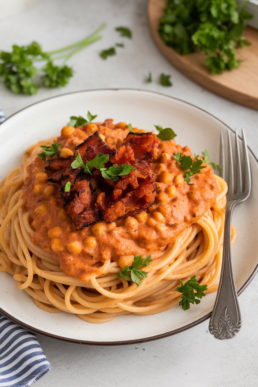 Indoor photo of spaghetti in creamy chickpea sauce with sautéed tempeh “bacon” bits and parsley. No text or logos.