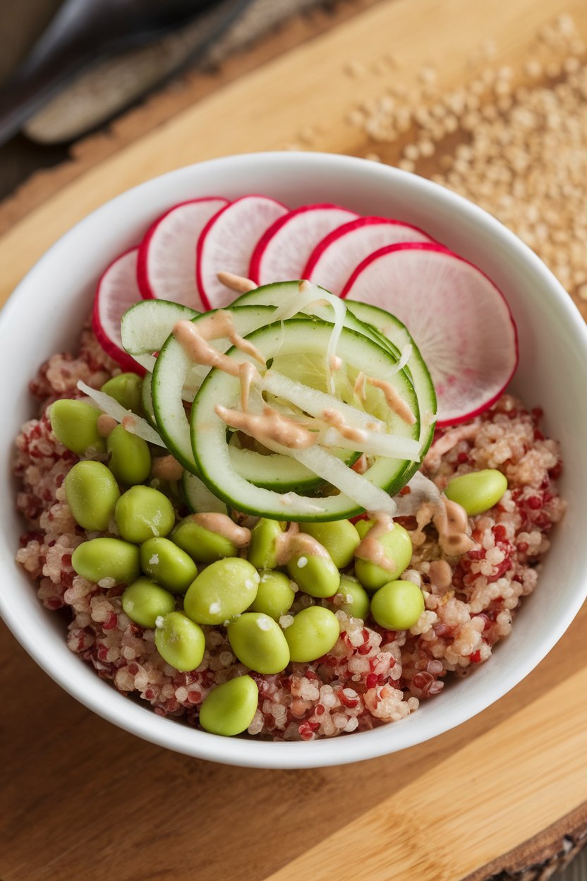 An indoor bowl of red quinoa topped with edamame, cucumber ribbons, and sliced radish, drizzled with sesame dressing; photo only, no text or logos.