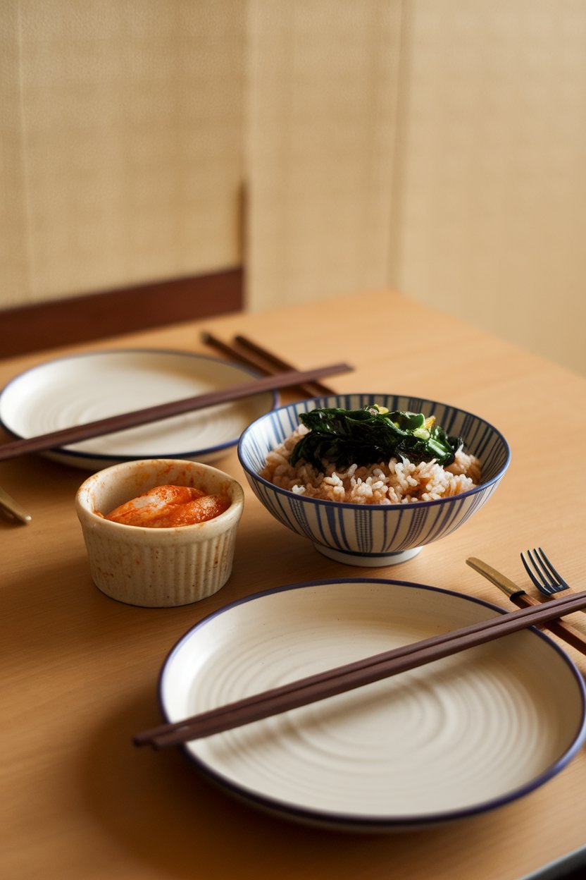 Photo of an indoor dining table with a small ramekin of kimchi next to a bowl of brown rice and sautéed greens. No text or logos present.