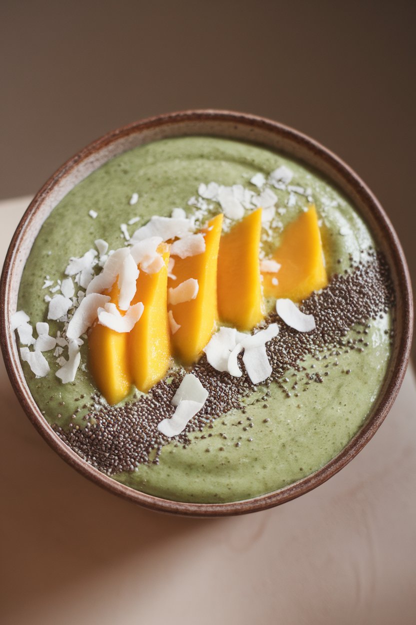 Overhead photo indoors of a thick green smoothie bowl topped with sliced mango, coconut flakes, and chia seeds, served in a ceramic bowl. No text or logos.