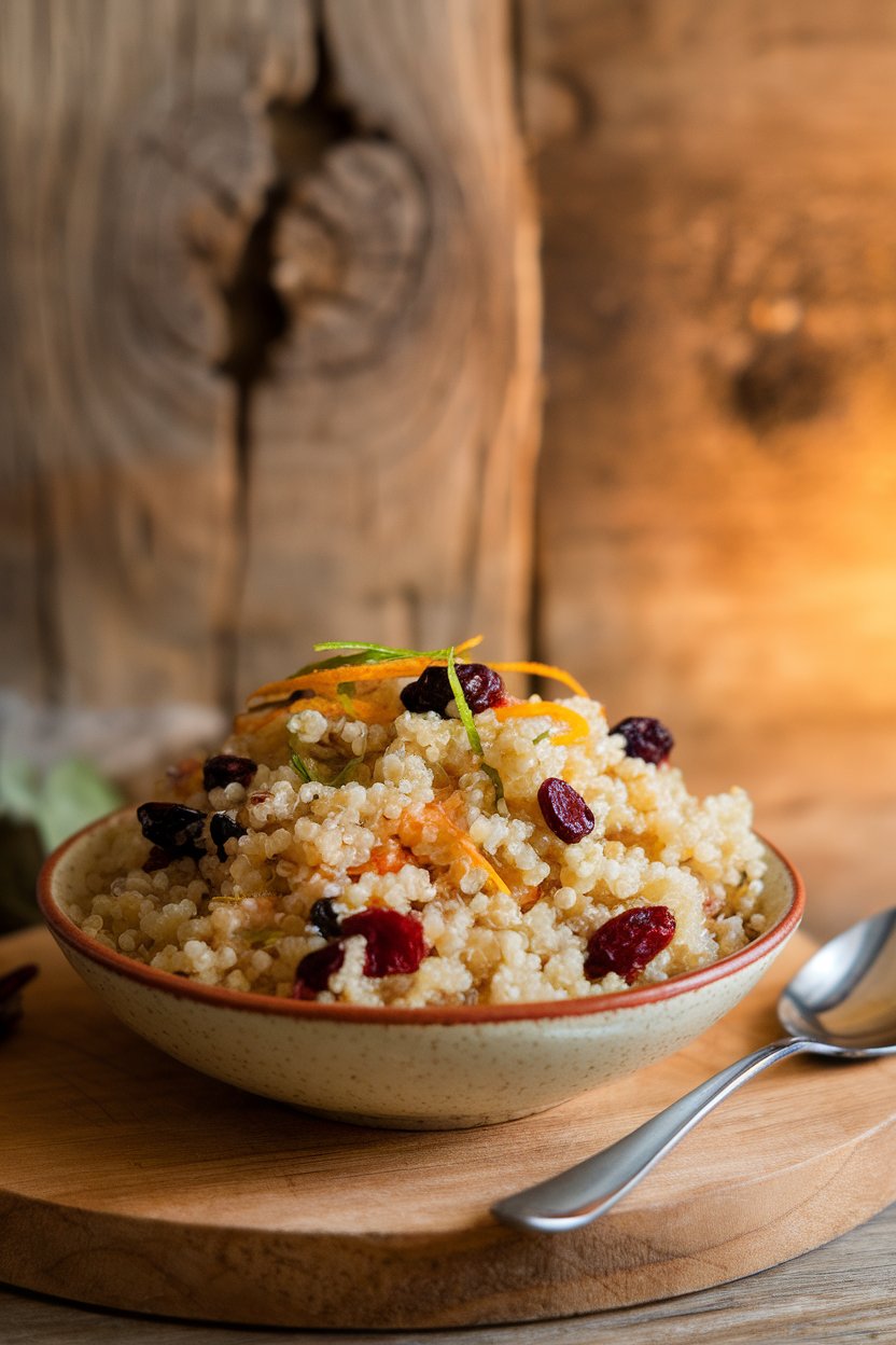 Indoor photo of quinoa mixed with dried cranberries and orange zest in a serving bowl, spoon resting. No text or logos; photograph.