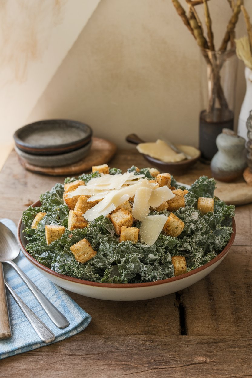 Photo of a rustic wooden table set indoors with a large bowl of massaged kale leaves coated in creamy dressing, topped with shaved parmesan and whole-grain croutons, no text or logos.