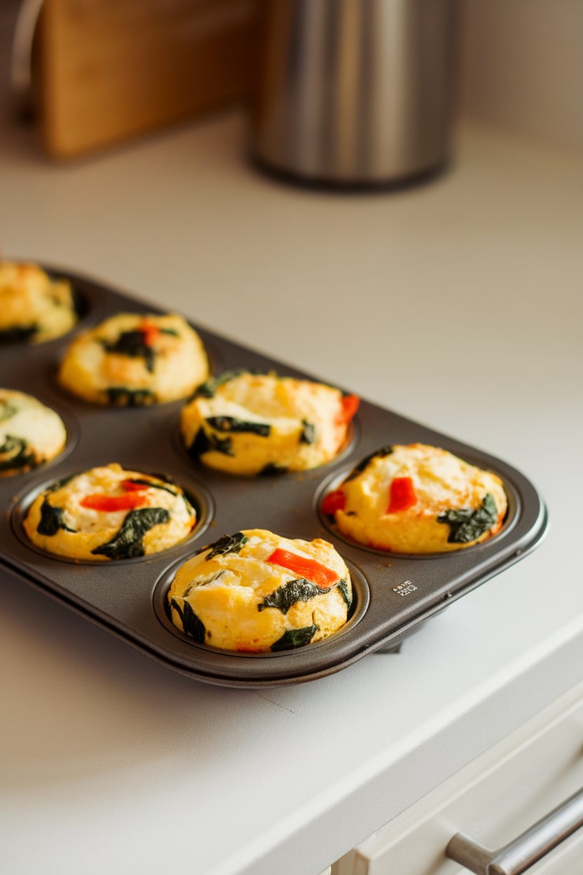 Photo of a muffin tin resting on an indoor countertop, each cup holding a cooked egg muffin dotted with spinach and bell pepper, gentle kitchen lighting, no text or logos