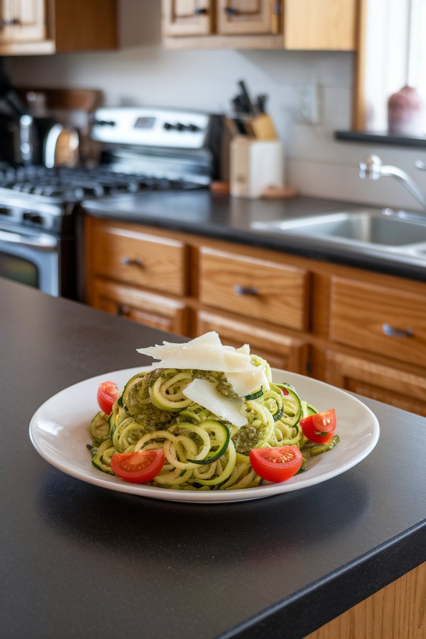 Indoor kitchen island displaying a plate of spiralized zucchini noodles tossed with basil pesto and cherry tomato halves, parmesan freshly shaved on top. No text or logos visible.