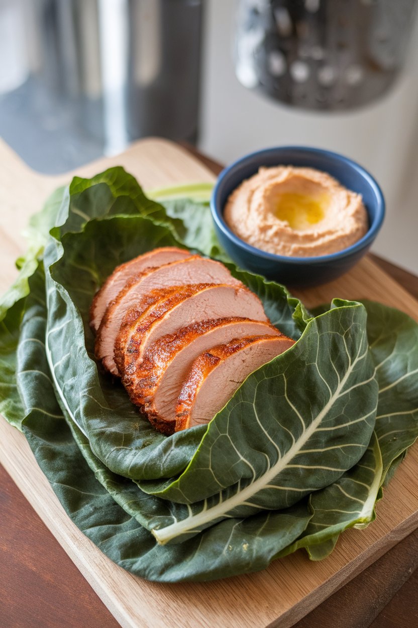 An indoor cutting board displaying large collard green leaves wrapped around sliced turkey breast, hummus peeking out; no branding.