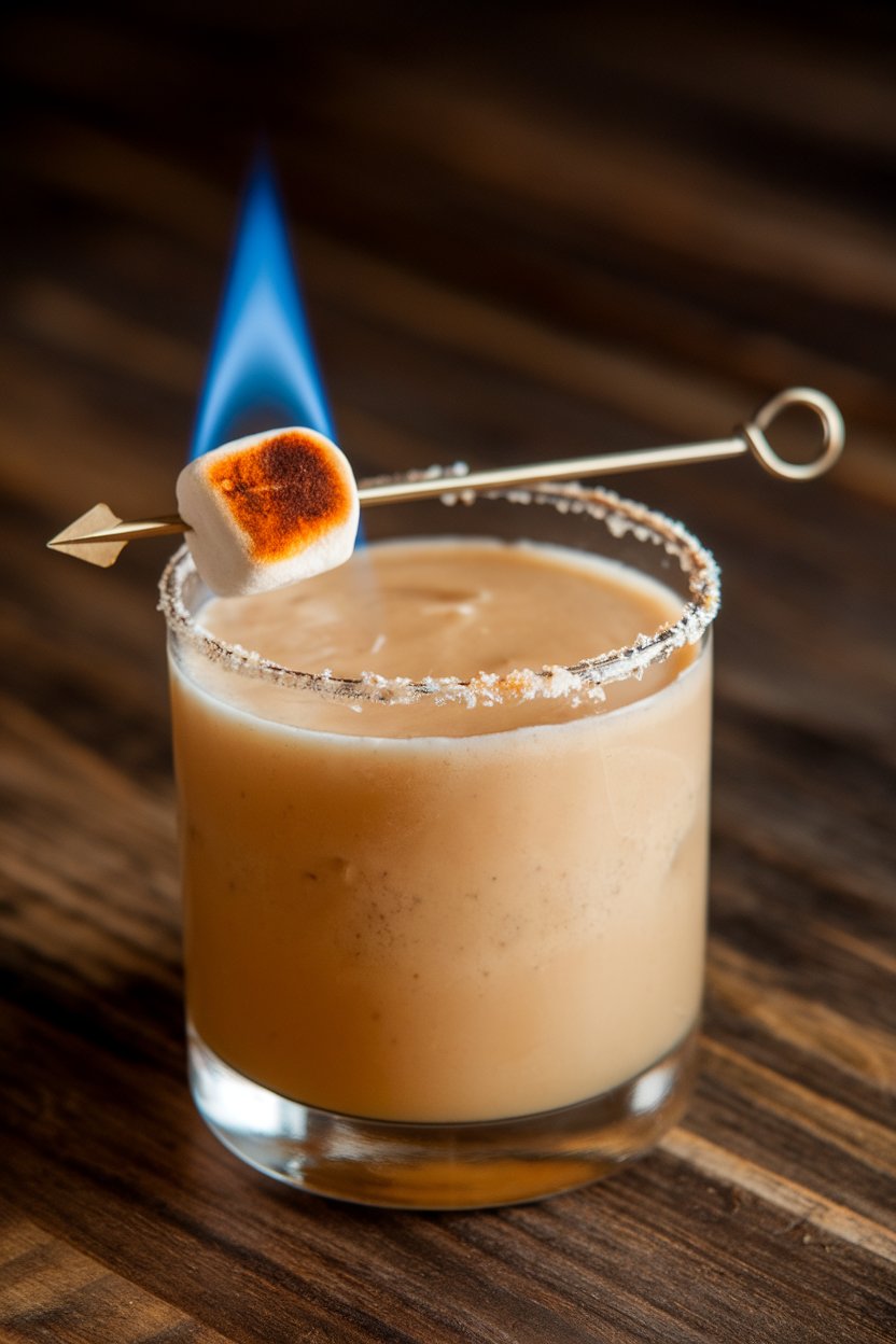 Indoor bar, rocks glass of creamy tan margarita with torched marshmallow on cocktail pick, no logos.