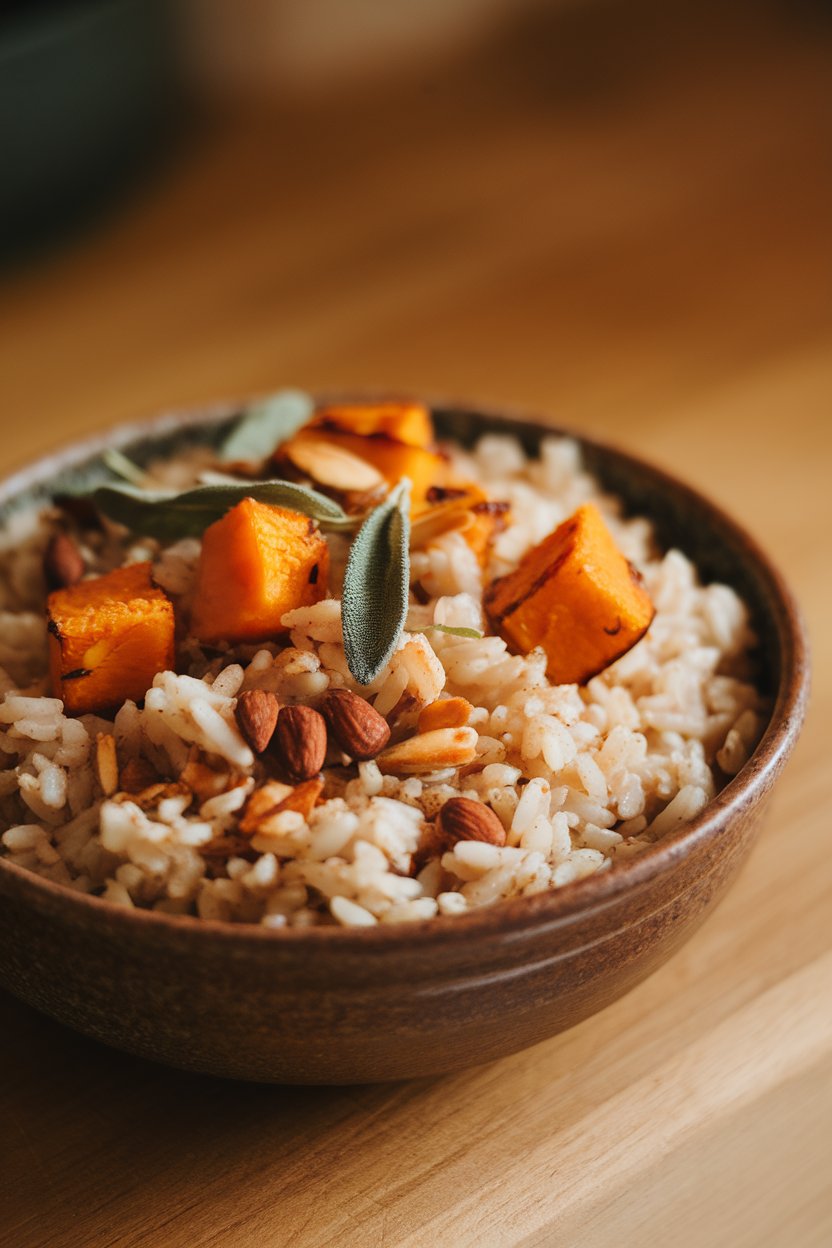 A ceramic bowl indoors filled with brown rice pilaf dotted with roasted butternut cubes, fresh sage, and toasted almonds; no text or logos.