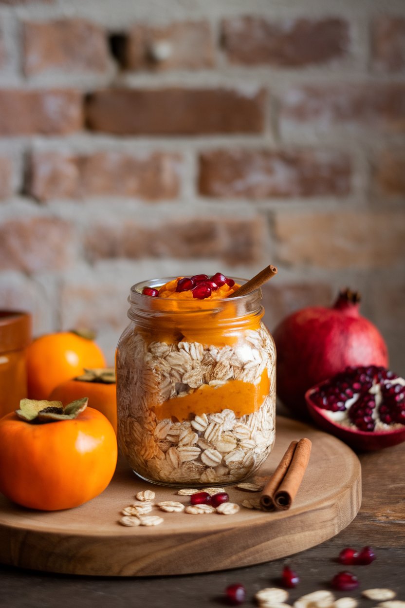 Indoor autumn table view of a jar of oats mixed with persimmon purée, topped with cinnamon and pomegranate seeds for color. No branding. Photo not illustration.