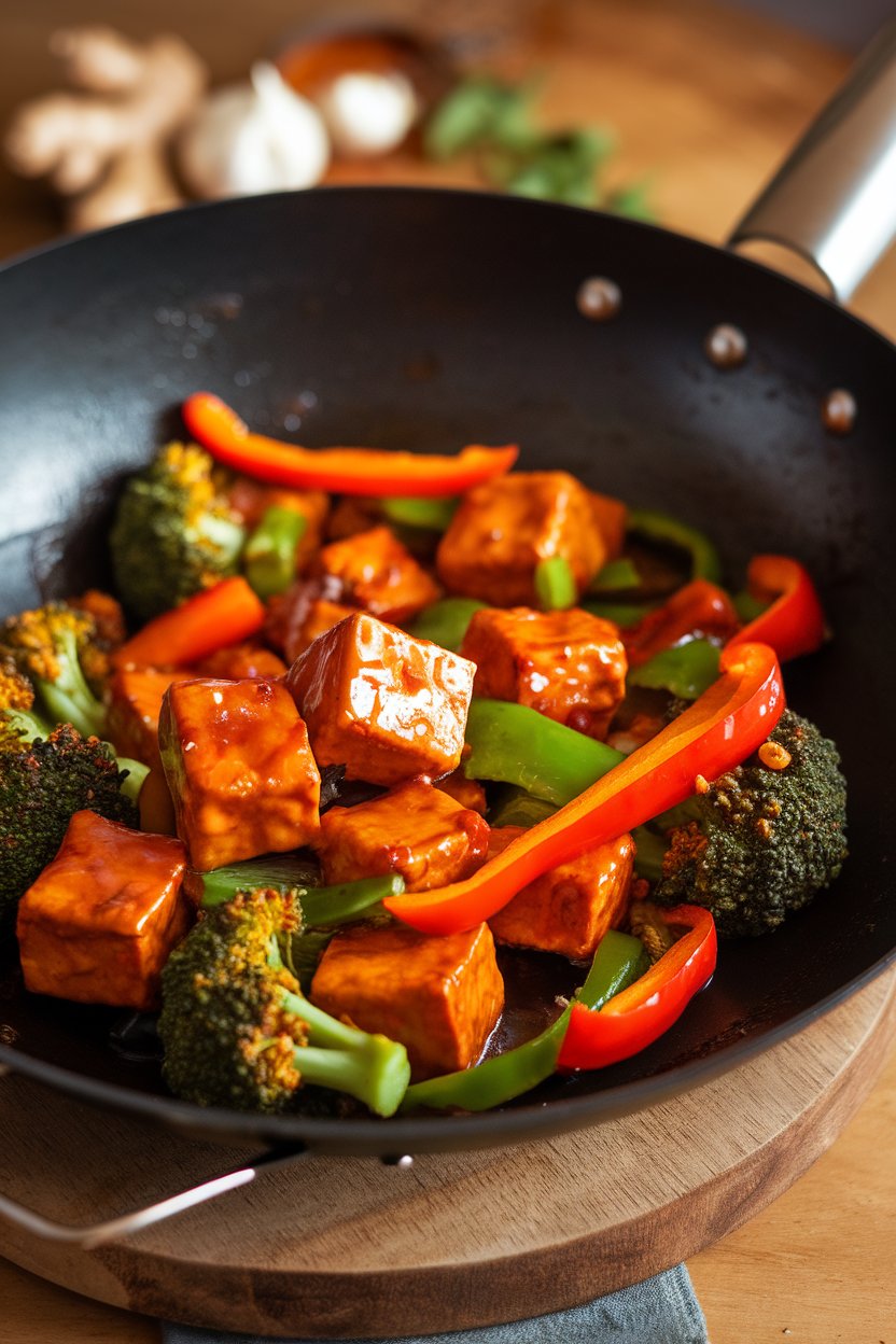 A wok indoors filled with glazed tofu cubes, bell pepper strips, and broccoli florets coated in glossy sauce; photo only, no text or logos.