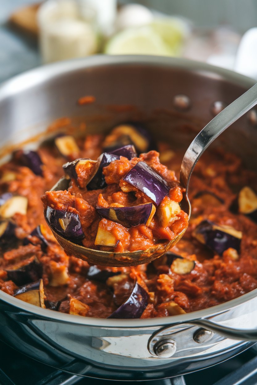 Indoor photo of chunky eggplant ragù simmering in a stainless pan, ladle scooping a serving, no logos.