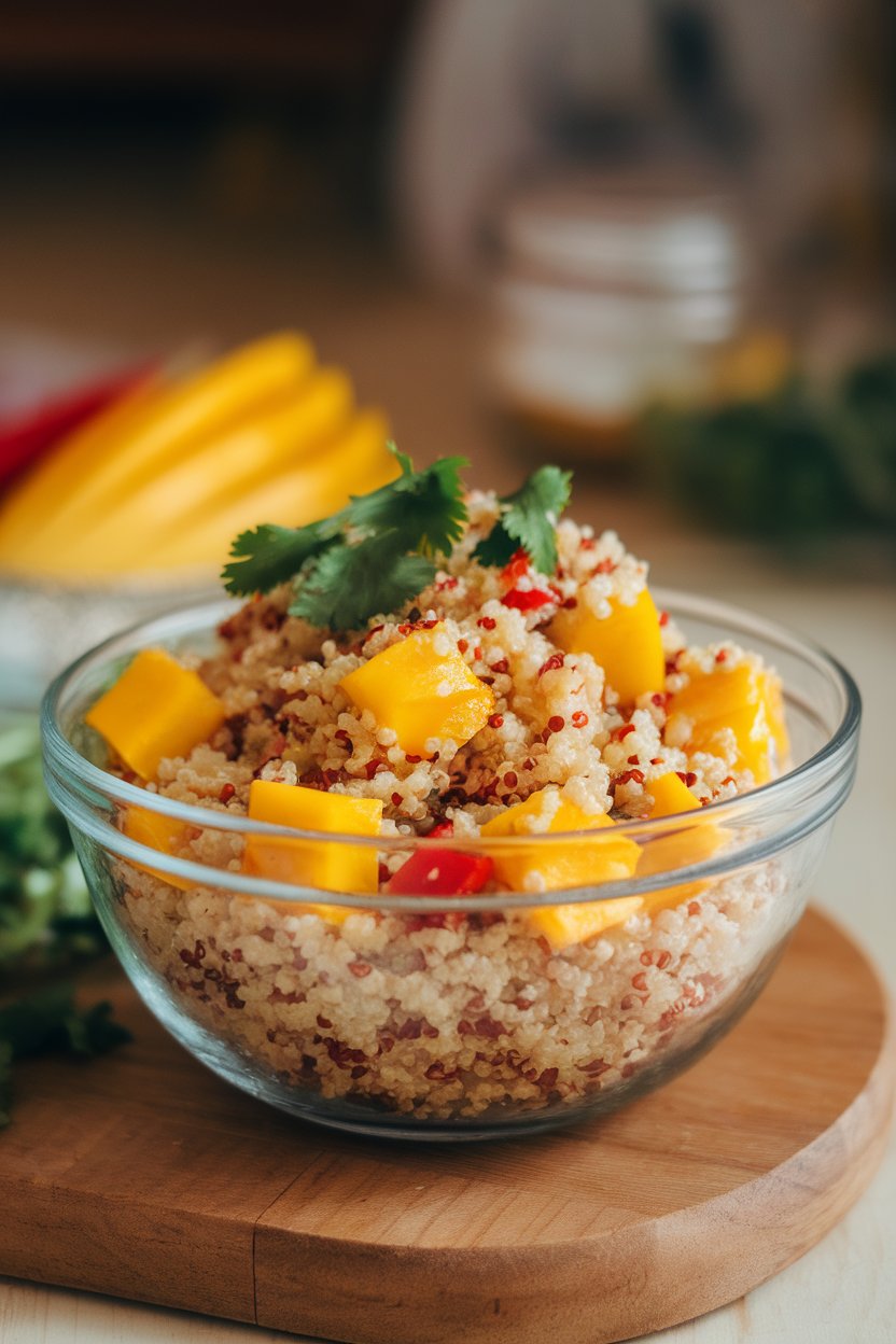 Indoor food photo of quinoa tossed with mango cubes, red pepper, and cilantro in a glass bowl; no text or logos.