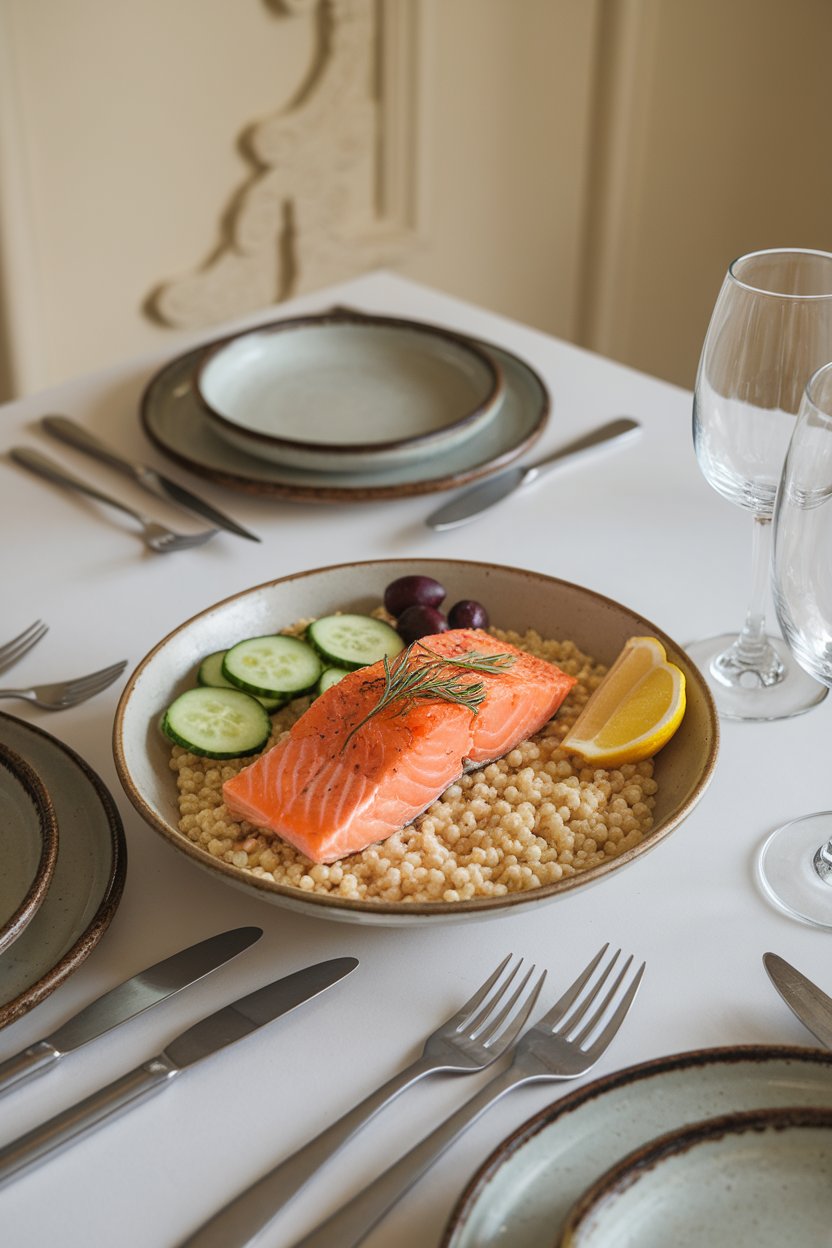 Indoor dining table showcasing a shallow bowl of cooked salmon fillet flakes over pearl couscous with cucumber ribbons, olives, and a lemon wedge. No text or logos.