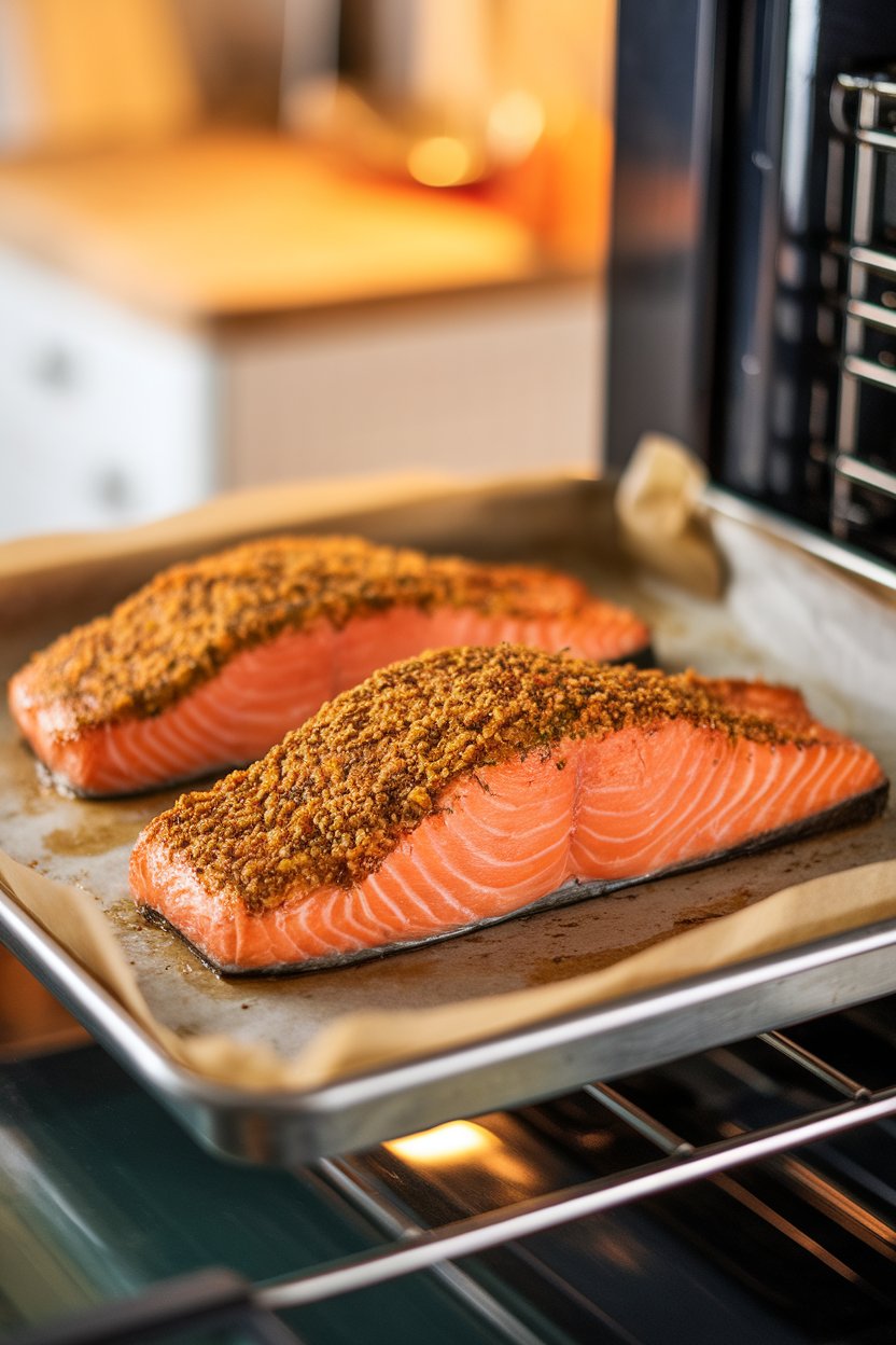 An indoor oven-side photo of salmon fillets coated in a Dijon-herb paste, roasting on a parchment-lined tray. No visible text or logos.