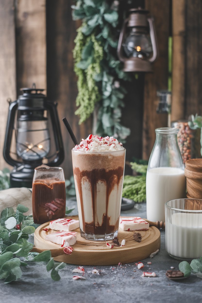 Indoor blender bar scene with a frosty glass of frappe layered in chocolate and vanilla colors, topped with crushed peppermint bark. No logos or text. Photo only.