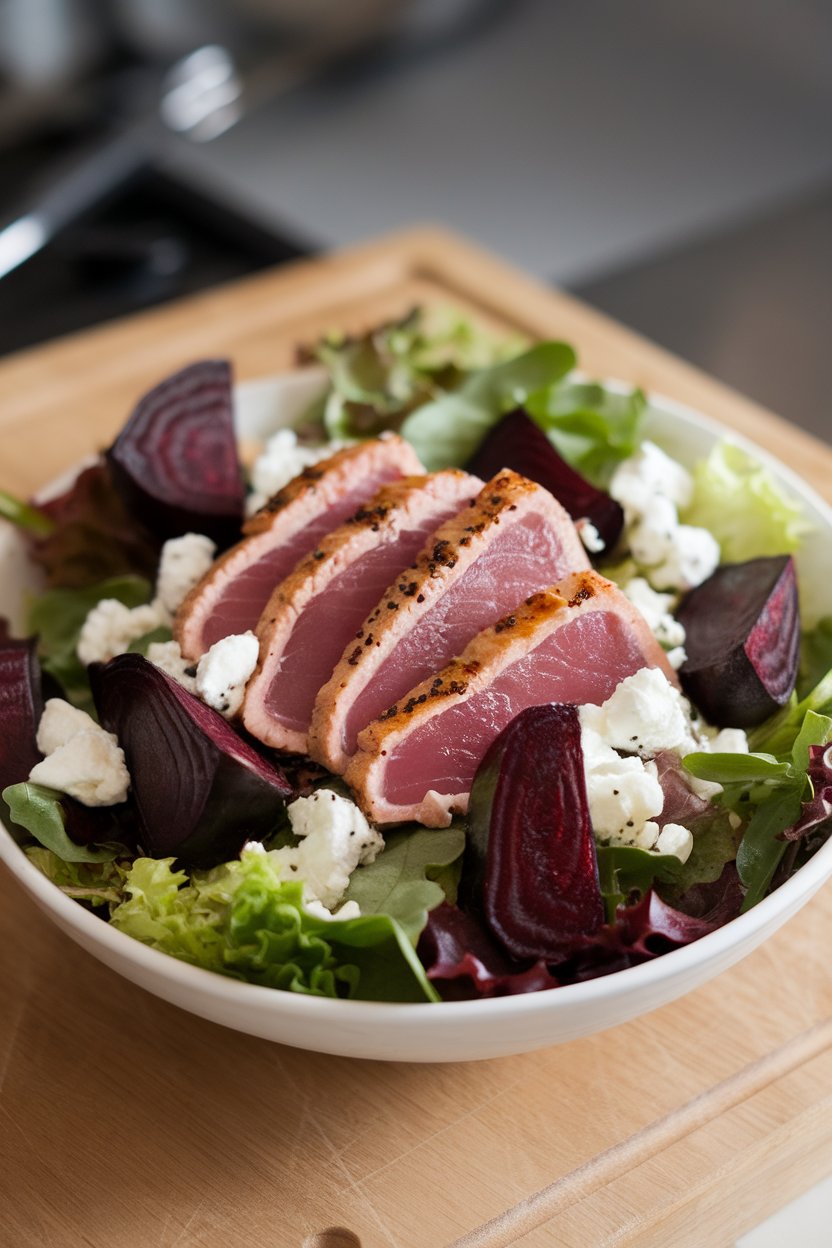Bowl of mixed greens topped with tuna, roasted beet wedges, and goat cheese crumbles (optional), indoor, no text or logos.