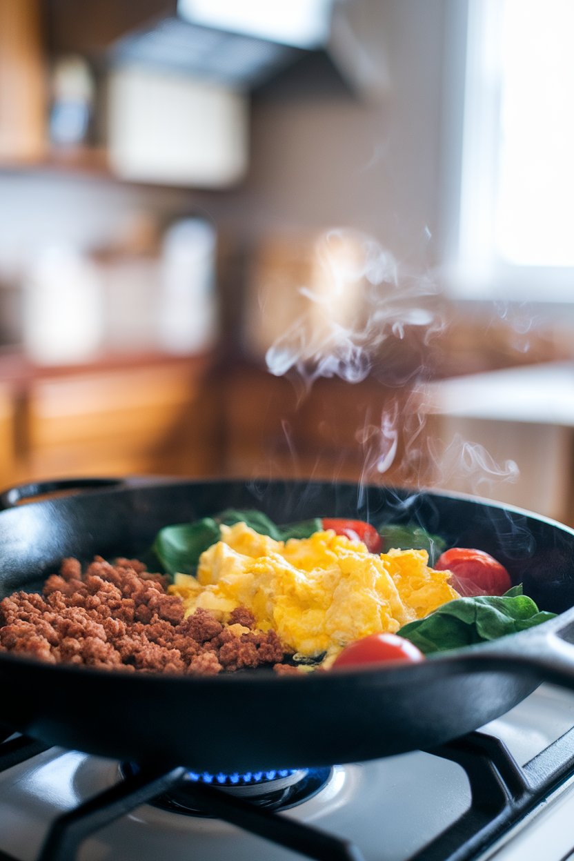 Photo of a cast-iron skillet on an indoor stove with cooked turkey sausage crumbles, scrambled eggs, spinach, and cherry tomatoes. No text or logos visible.