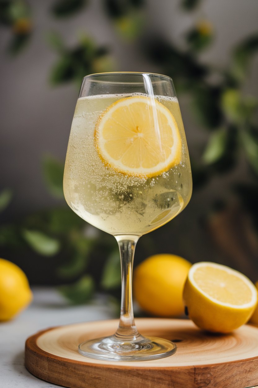 Indoor stemmed glass of pale yellow limoncello spritz, lemon wheel floating among bubbles. No branding present.