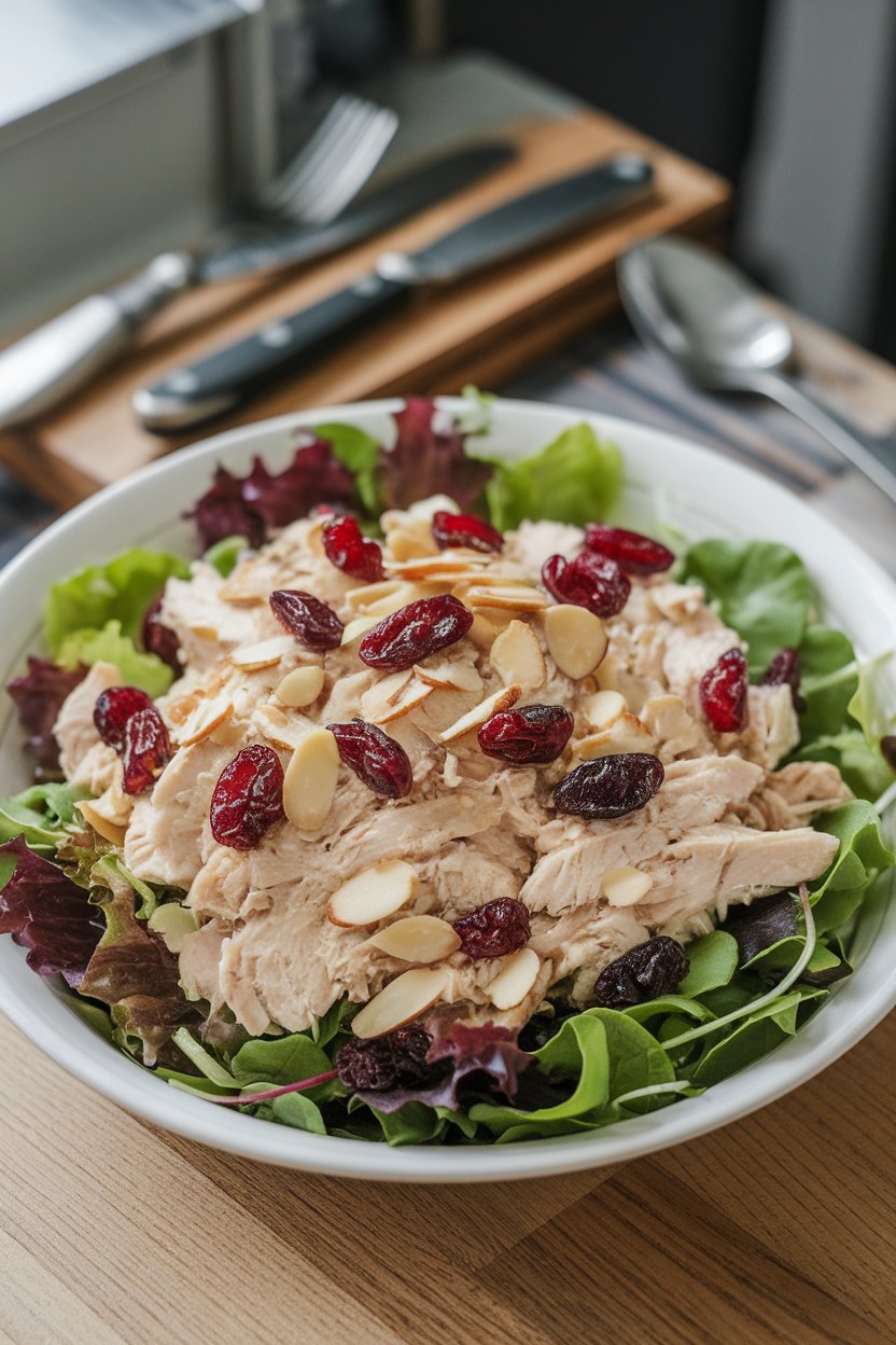 Photo of chicken salad with dried cranberries and sliced almonds on a bed of mixed greens indoors; no text or logos.
