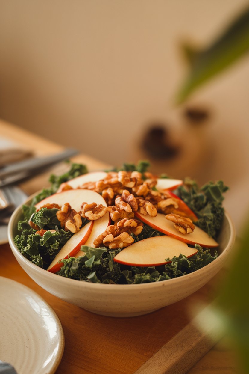 Photo of a bowl of chopped kale, thin apple slices, and toasted walnuts coated in vinaigrette, taken indoors on a dining table. No logos or text shown.
