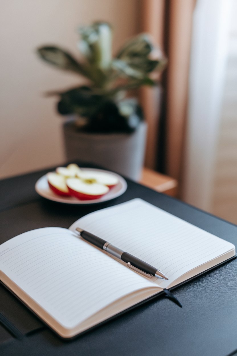 An indoor writing desk with a pen poised over an open notebook, a small plate of apple slices nearby. No text or logos on notebook cover.