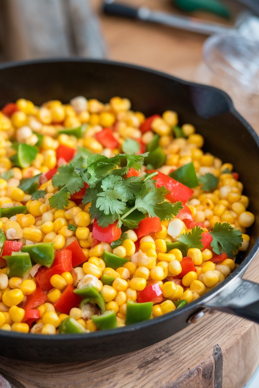 An indoor skillet containing sautéed sweet corn kernels mixed with diced red and green bell peppers, garnished with cilantro. No text or logos present.