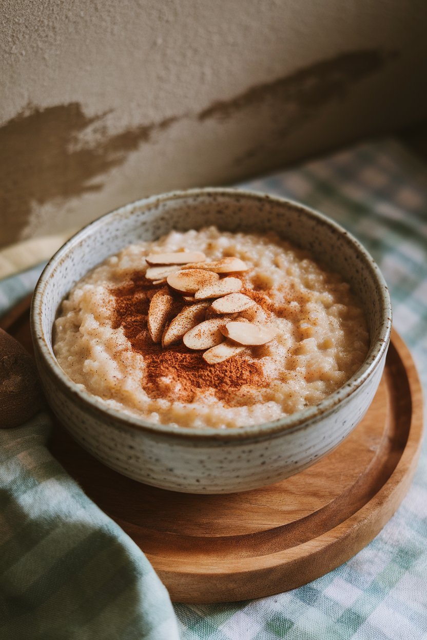 Indoor photo of creamy quinoa porridge in a ceramic bowl, topped with sliced almonds and dusted with ground cinnamon, soft morning light. No text or logos.