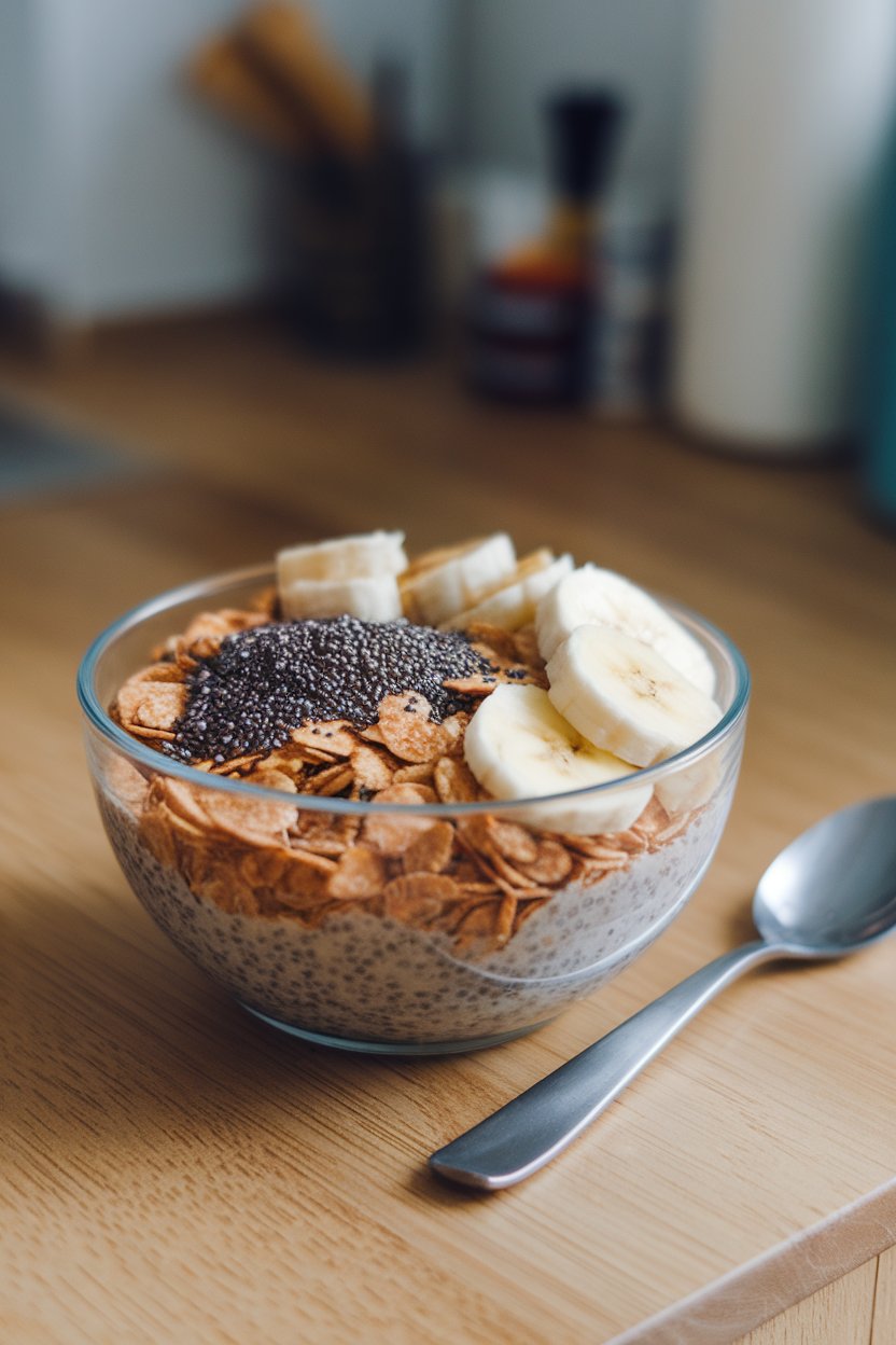 Photo — A breakfast bowl indoors filled with bran flakes, sliced bananas, and chia seeds. No text or logos.