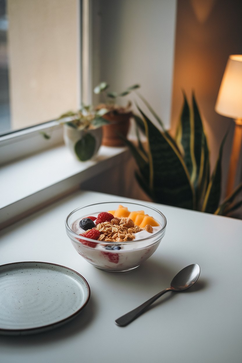 Photo — An early-morning indoor table with a bowl of yogurt, fruit, and granola beside a window letting in soft light. No text or logos.