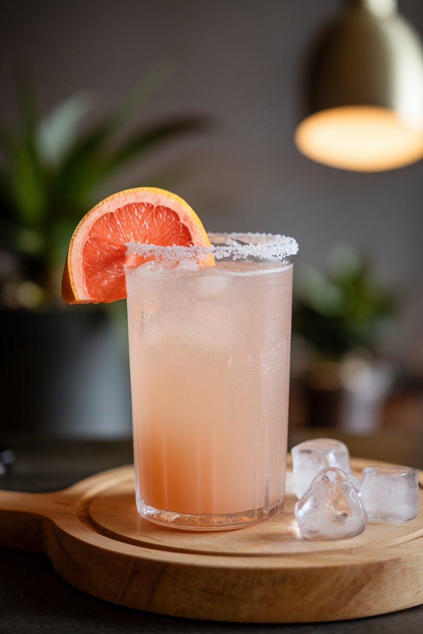 An indoor tabletop with a tall salted-rim glass of pale pink Paloma, grapefruit wedge garnish. No text or logos.