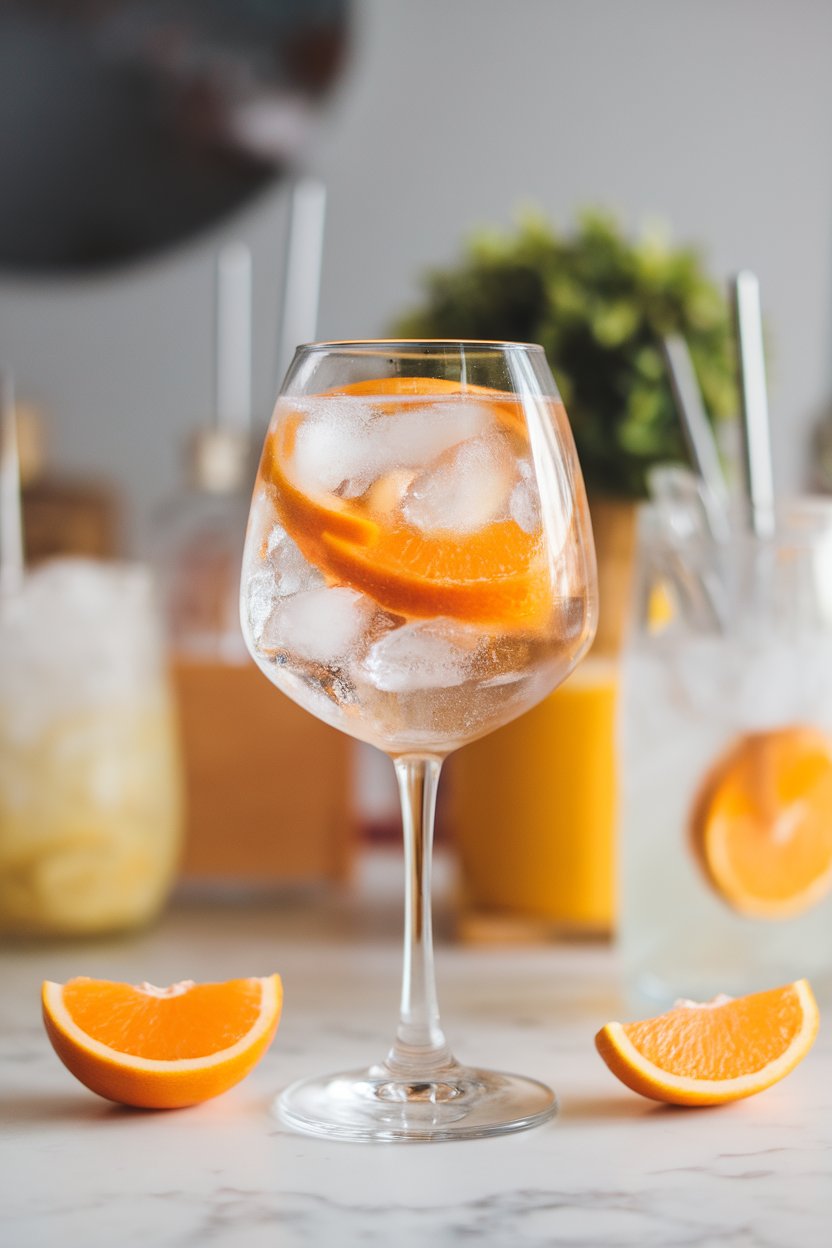 An indoor brunch bar with a wine glass Mandarin Spritz filled with ice, mandarin segments floating. No text or logos.