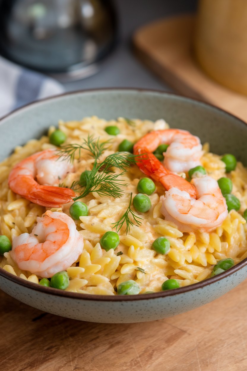 An indoor bowl of lemony orzo pasta dotted with cooked shrimp, peas, and fresh dill; no text or logos.
