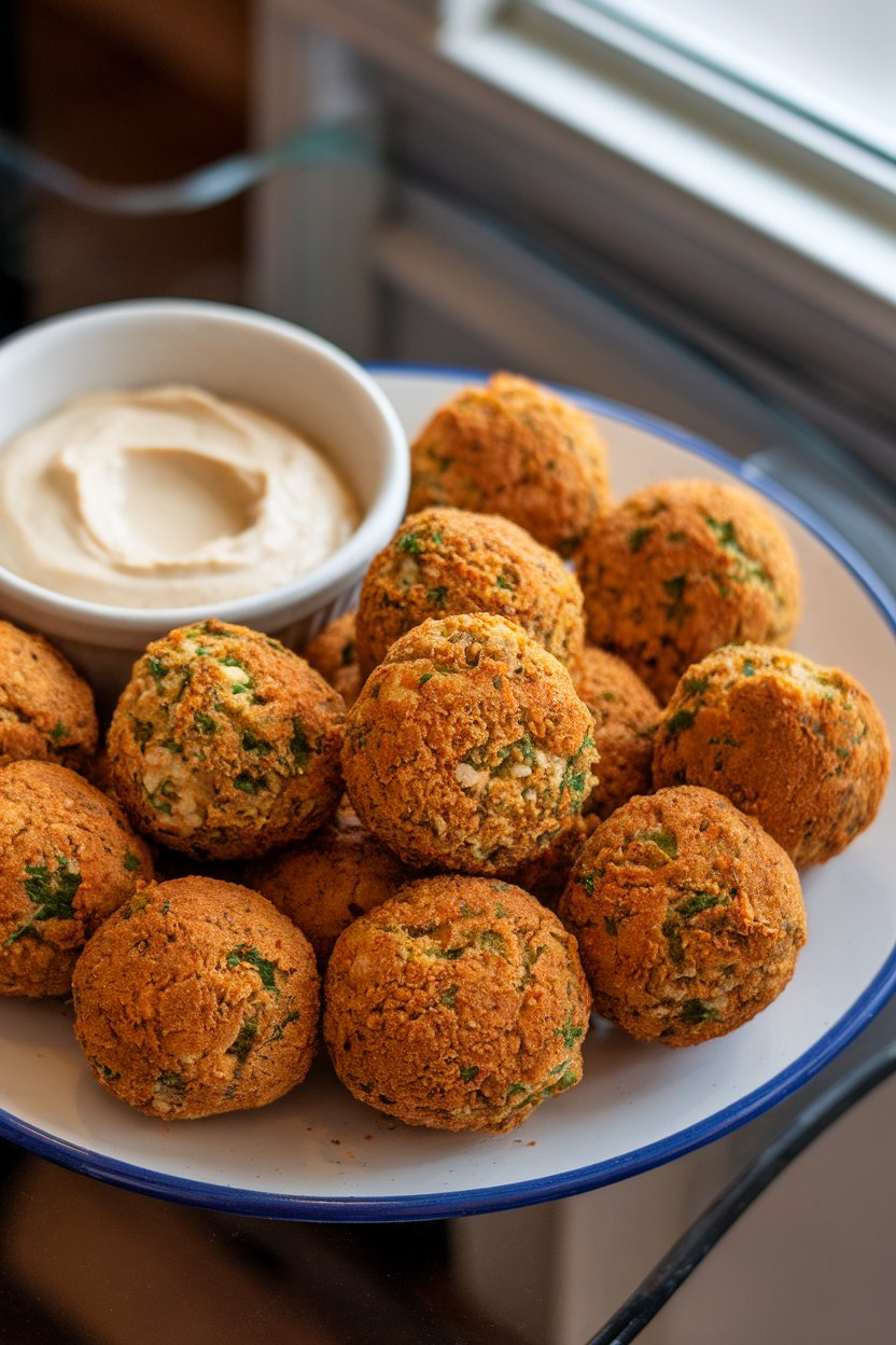 Photo of golden baked falafel balls on a plate with a small bowl of creamy tahini yogurt dip indoors; no text or logos.
