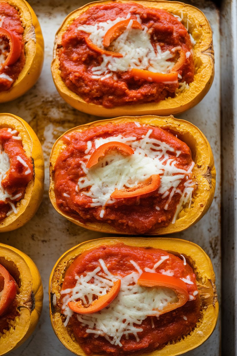Indoor photo of halved spaghetti squash filled with sauce, cheese, and pepper slices on a baking sheet, no text or logos