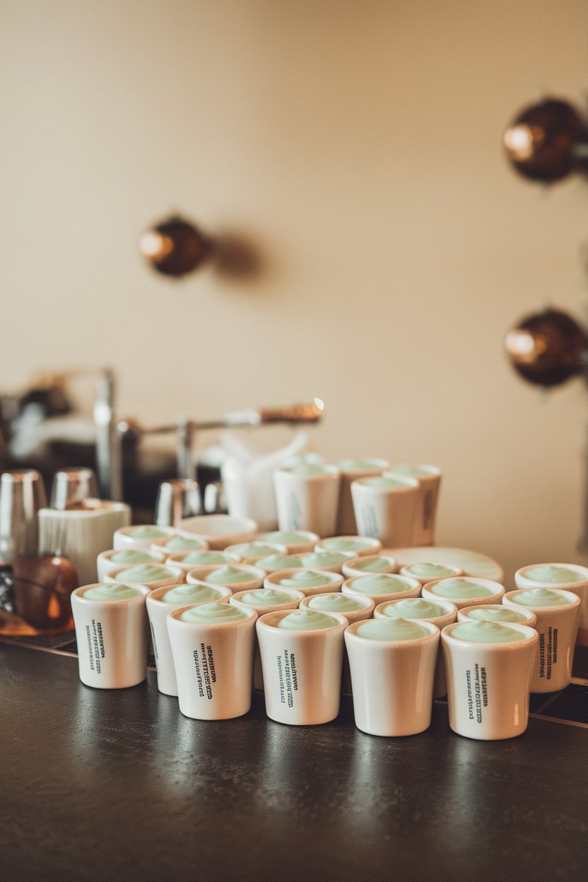 Photo of pastel-green creamy shots in white ceramic shot cups, indoor café-style bar; no branding.