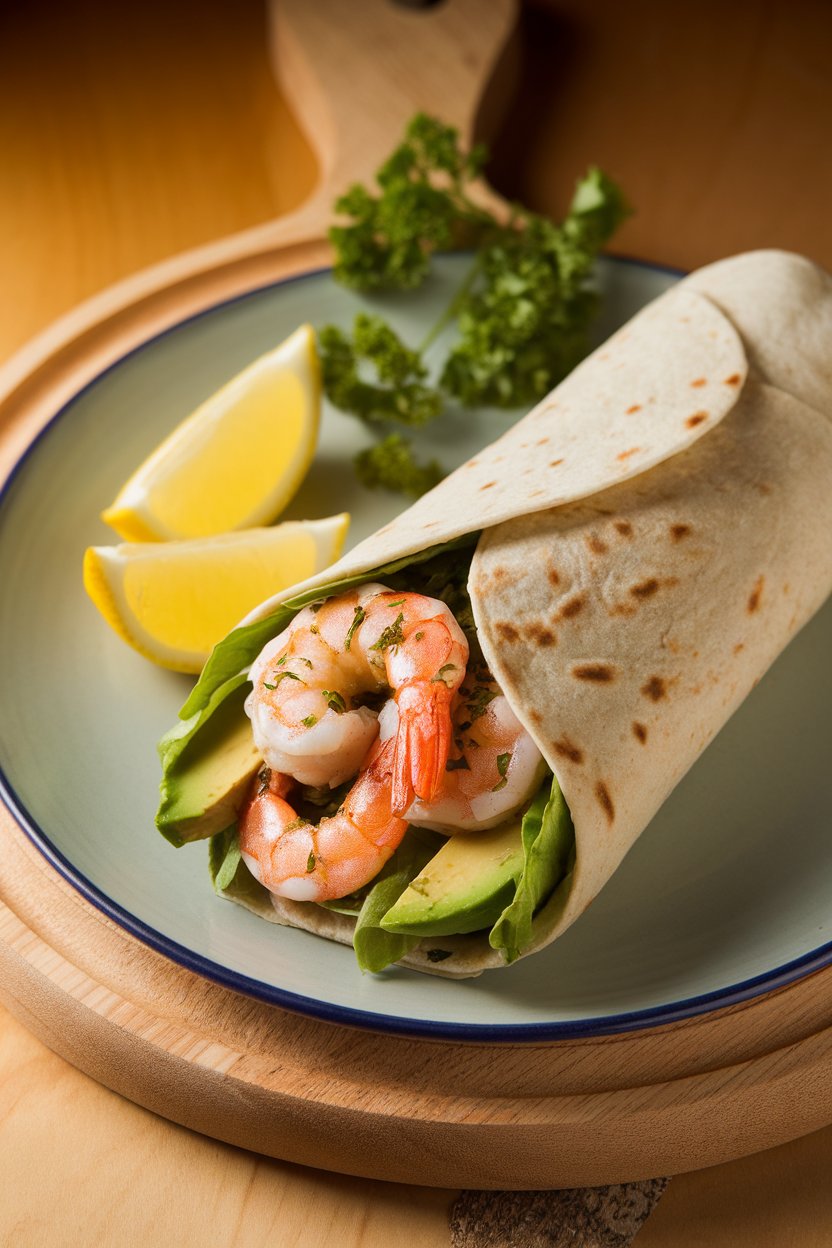 Indoor plate of a wrap stuffed with herb-marinated shrimp, avocado slices, and romaine. Warm lighting, no text or logos.
