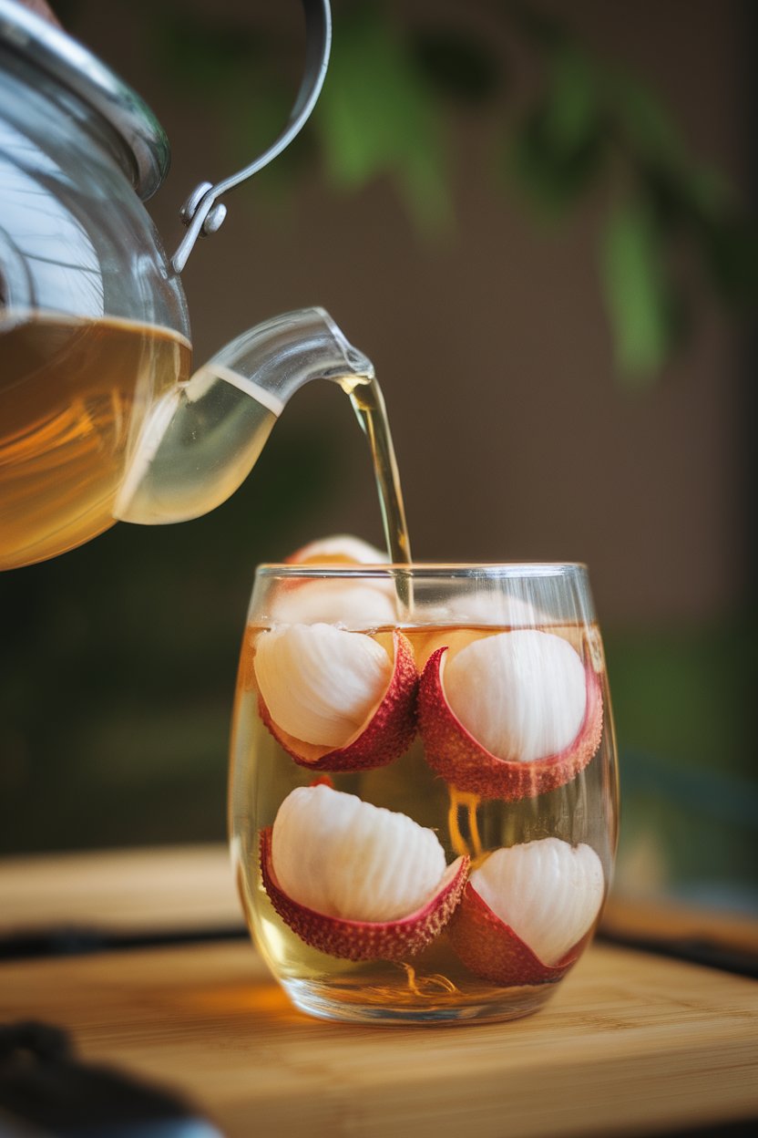 A photo of an indoor glass teapot pouring pale golden tea into a tumbler with peeled lychee halves; no text or logos.