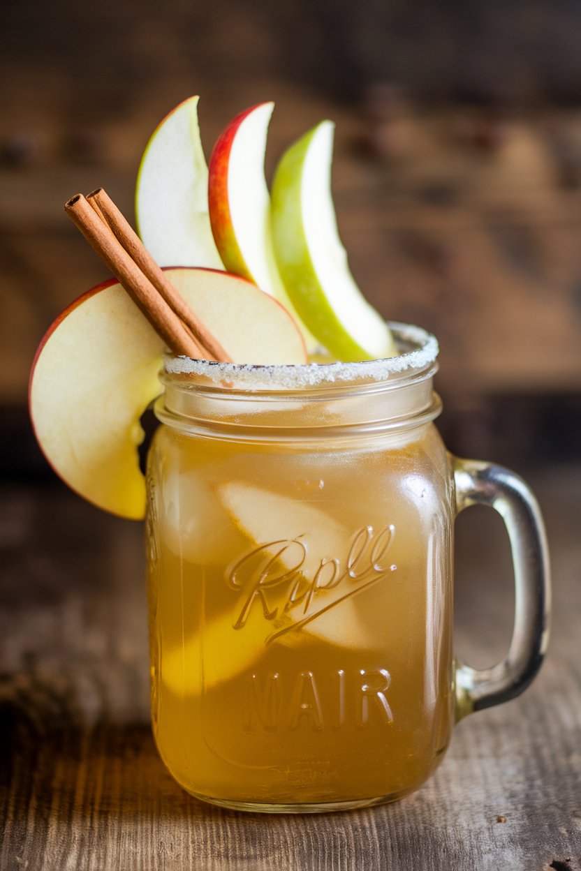 Indoor photo, mason jar of golden apple-cider margarita, thin apple wheel and cinnamon stick garnish, no text or logos.