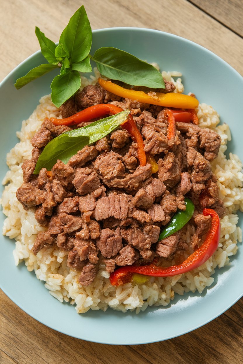 An indoor plate of cooked lean ground beef stir-fried with Thai basil and peppers, served over brown rice. No text or logos.