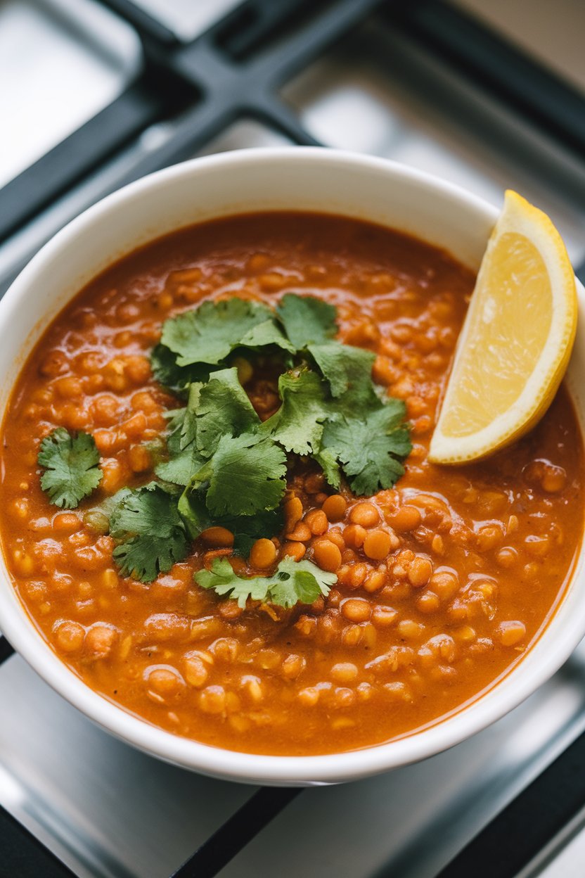 Indoor stovetop scene showing a steaming bowl of orange lentil soup garnished with cilantro and a lemon wedge on the side. No text or logos anywhere.