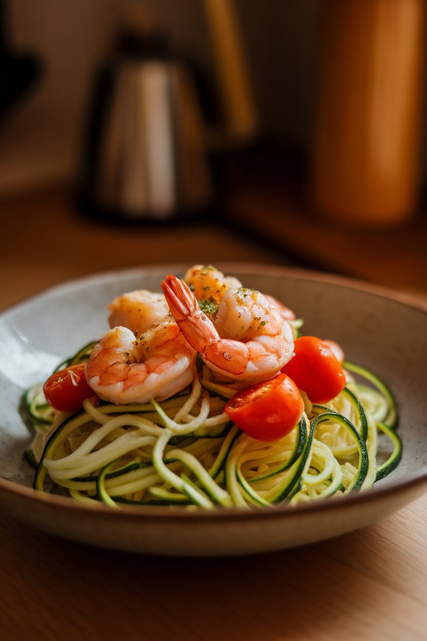 A shallow bowl of zucchini noodles topped with sautéed garlic shrimp and cherry tomato halves under warm indoor lighting. No brand markings or text visible.