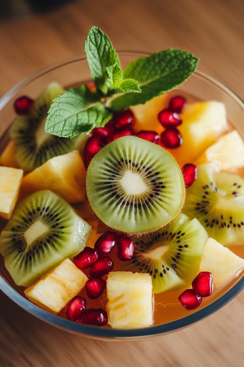 Indoor bowl of diced kiwi, pineapple, and pomegranate with mint leaves, light syrup glistening. No text or logos.