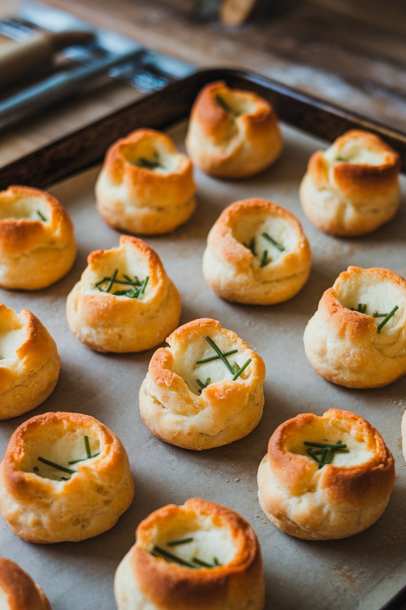 A baking sheet indoors with puffy gougères showing specks of chive and melted cheddar. No text or logos.