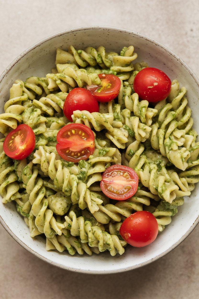 Indoor bowl containing whole-grain fusilli coated in spinach pesto, dotted with halved cherry tomatoes; neutral backdrop; photo, no text or logos.