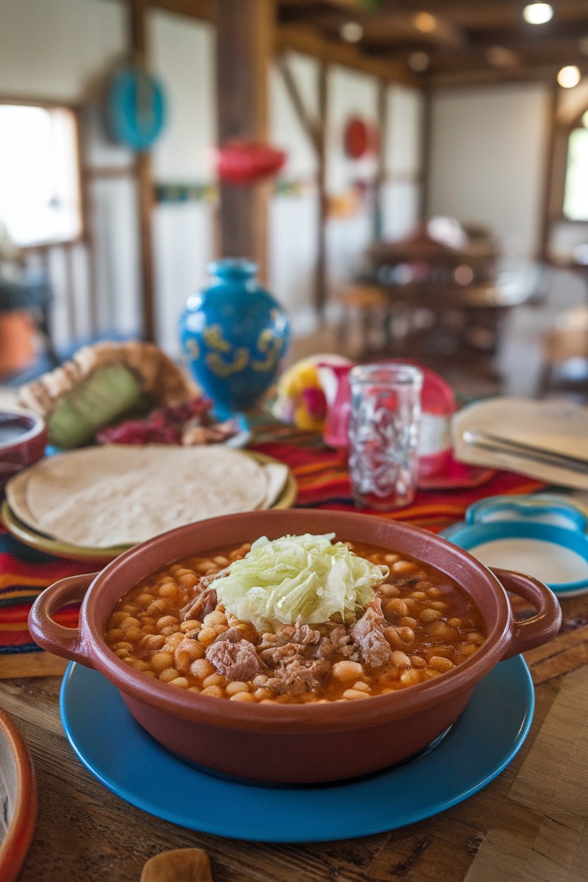 Indoor Mexican fiesta table with bowl of red posole, hominy kernels, pork, and cabbage garnish. No text or logos. Photo.