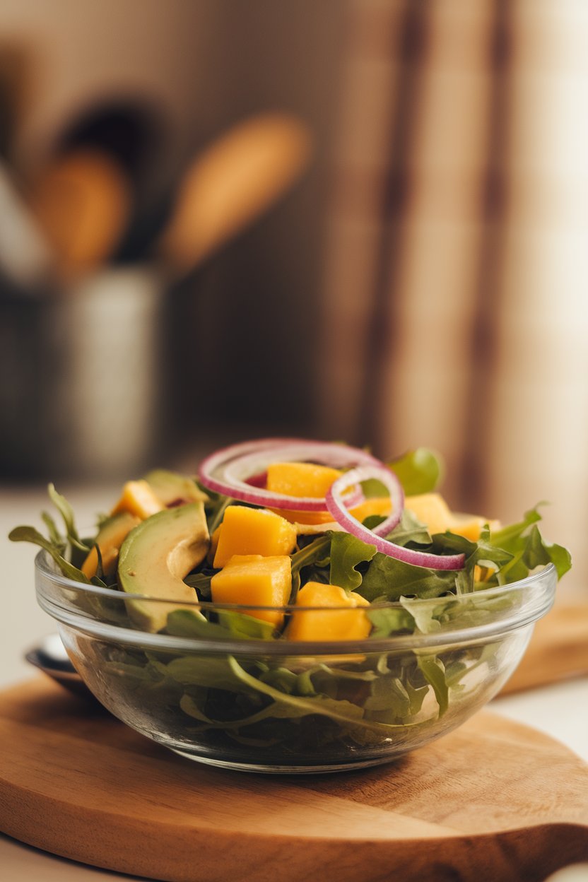 Indoor photo of a salad bowl filled with arugula, mango cubes, avocado slices, and thin red onion, lightly coated with citrus dressing. No logos or text.