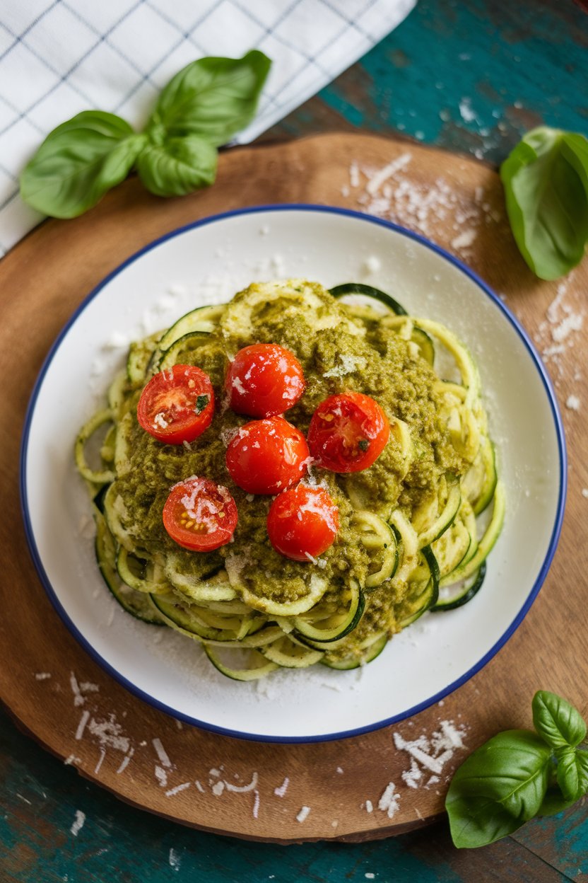 An indoor plate of zucchini noodles coated in vibrant green pesto, topped with cherry tomato halves. Overhead angle, no text or logos.