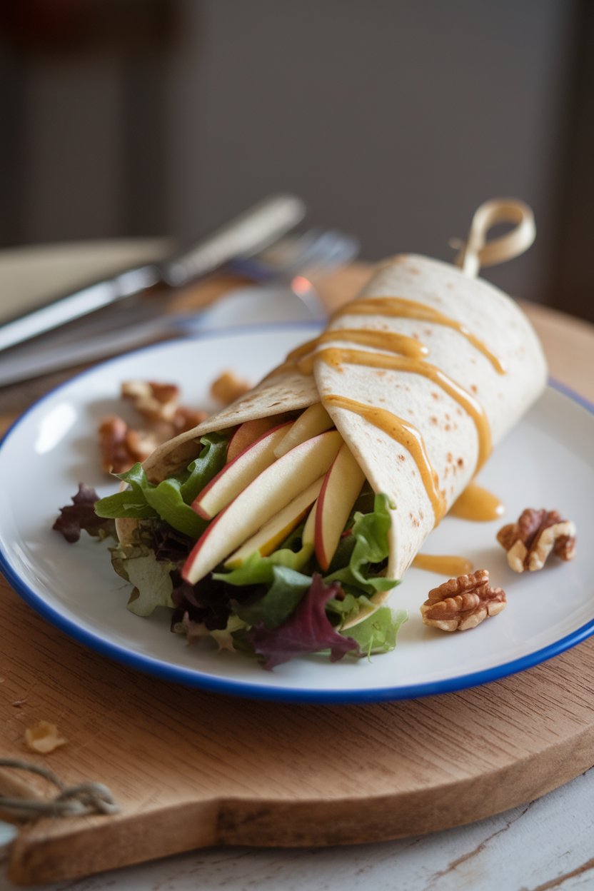 Indoor plate featuring a wrap stuffed with julienned apple, mixed greens, walnuts, and a drizzle of honey-mustard vinaigrette. No text or logos.