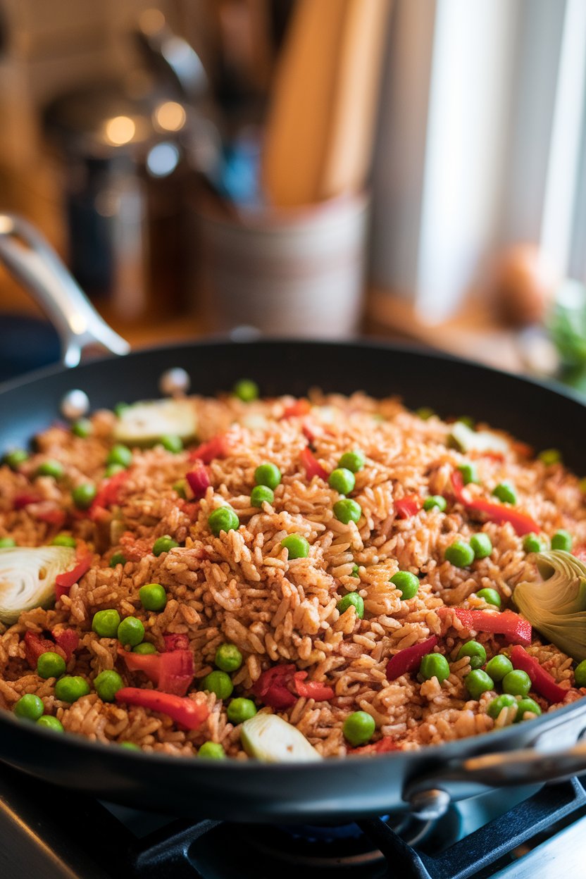 Indoor photo of a wide pan filled with whole-grain rice, peas, red peppers, and artichokes, saffron color; stovetop lighting, no text or logos
