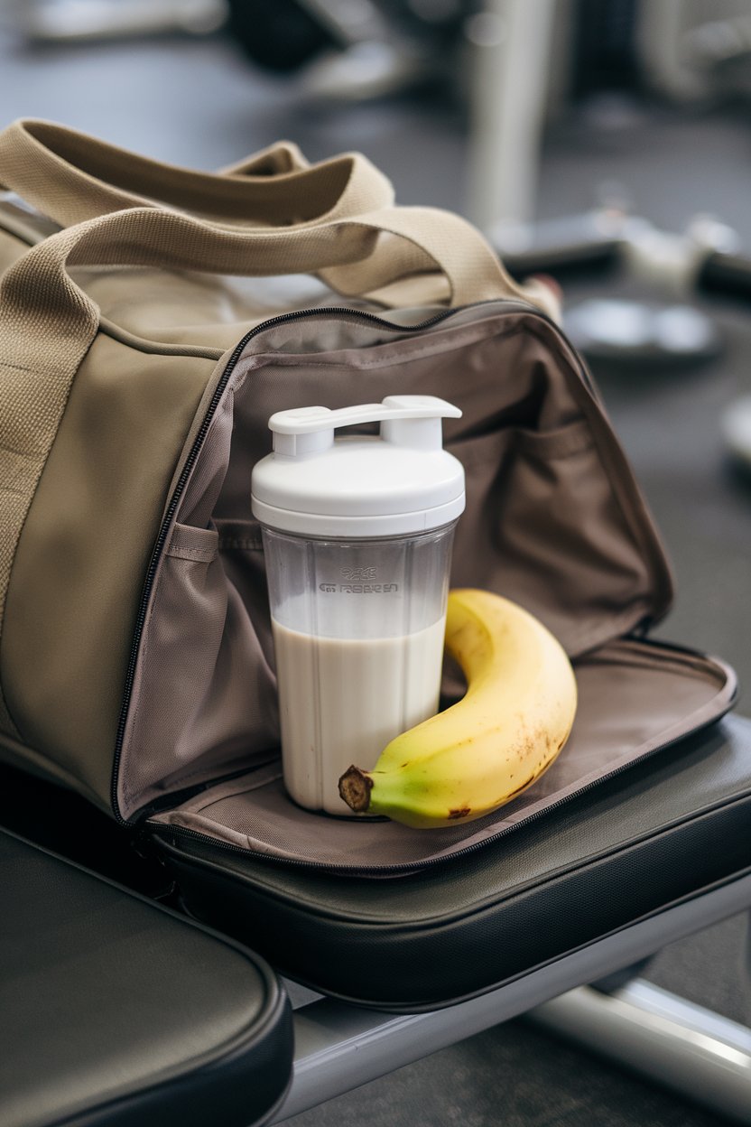 An indoor gym bag opened to reveal a small shaker bottle of protein shake beside a banana on a bench. No text or logos on bottle.
