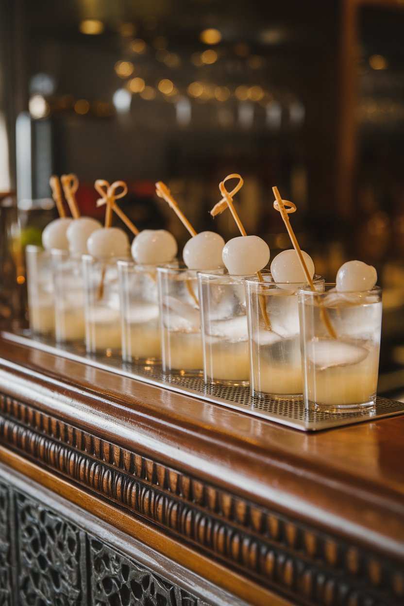 Photo of translucent lychee shots, single lychee fruit skewer resting across each glass on an indoor back bar; no logos.